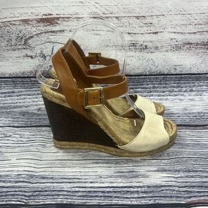 Tory Burch Espadrille Wood Wedges Brown & White Open Toe Shoes, Women’s Size 8